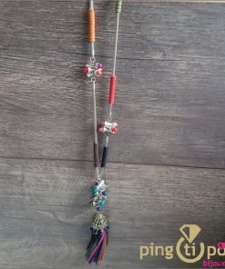 Sautoir cornets et franges orange rouge violet vert rose bleu