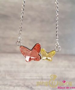 Collier 2 papillons Swarovski Spark en cristal rose orangé et jaune et argent 925.